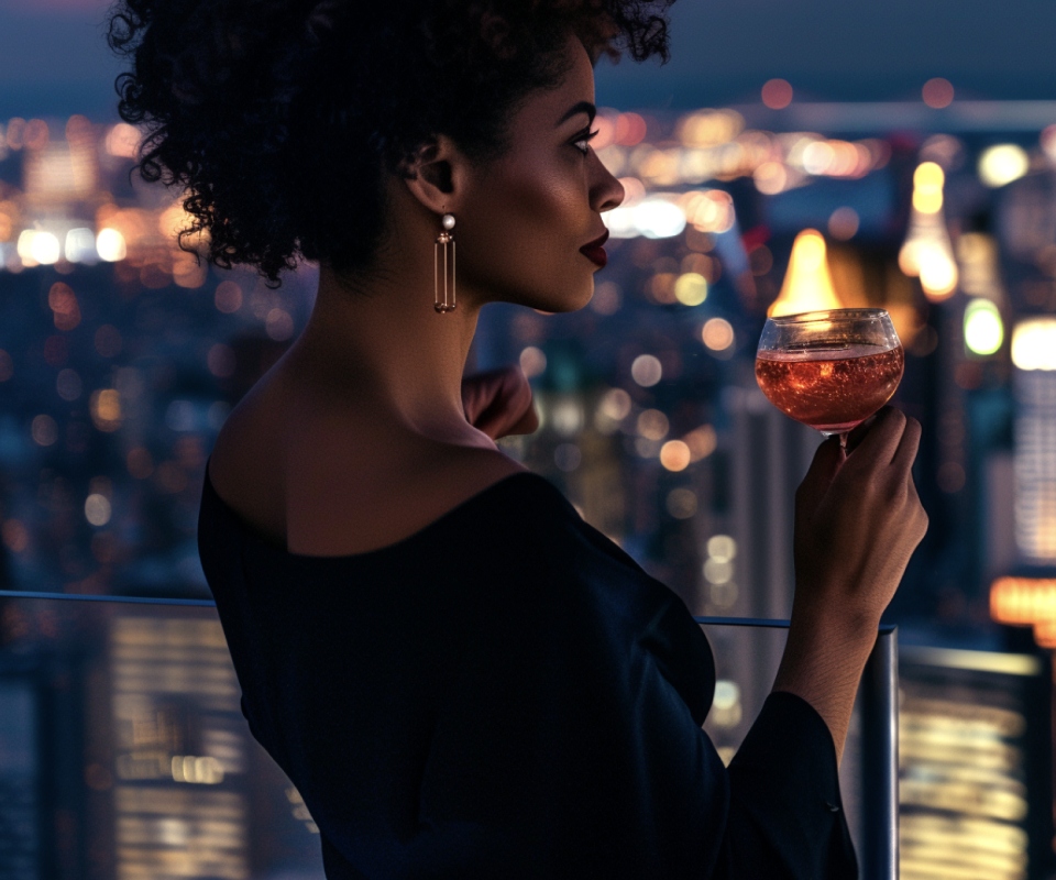 Woman enjoying cocktail overlooking city view from 1411 Broadway