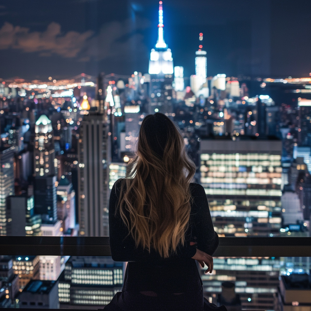 Woman enjoying the night view of the city from 1411 Broadway