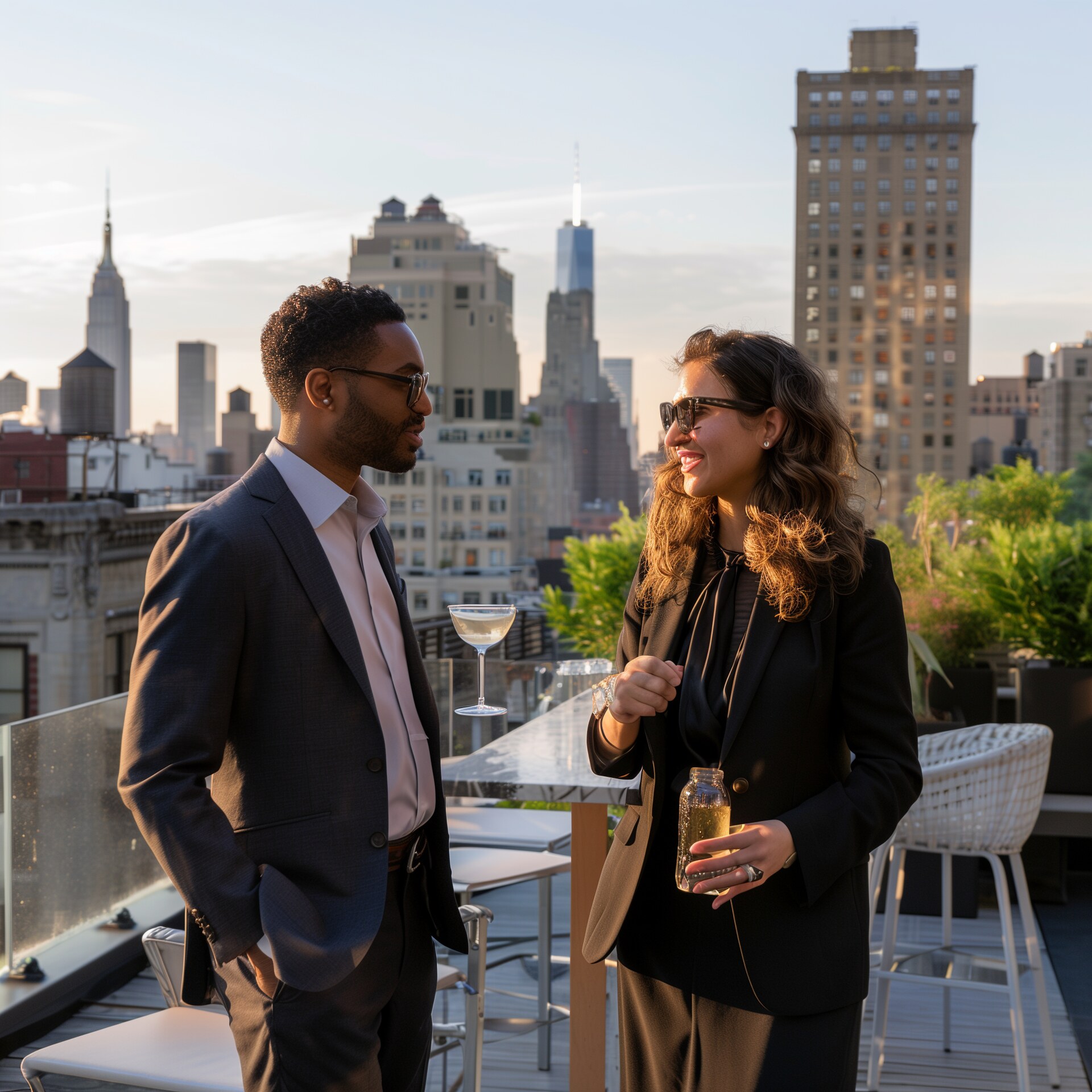 Two people having a conversation at 1411 Broadway skyscape