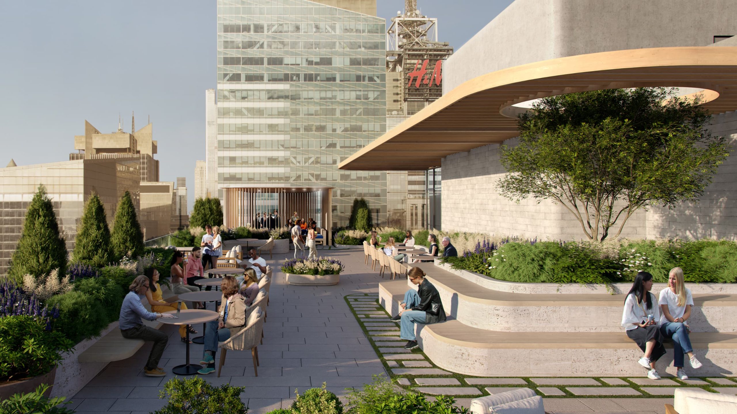 1411 Broadway rendering of rooftop deck with people gathered enjoying the afternoon