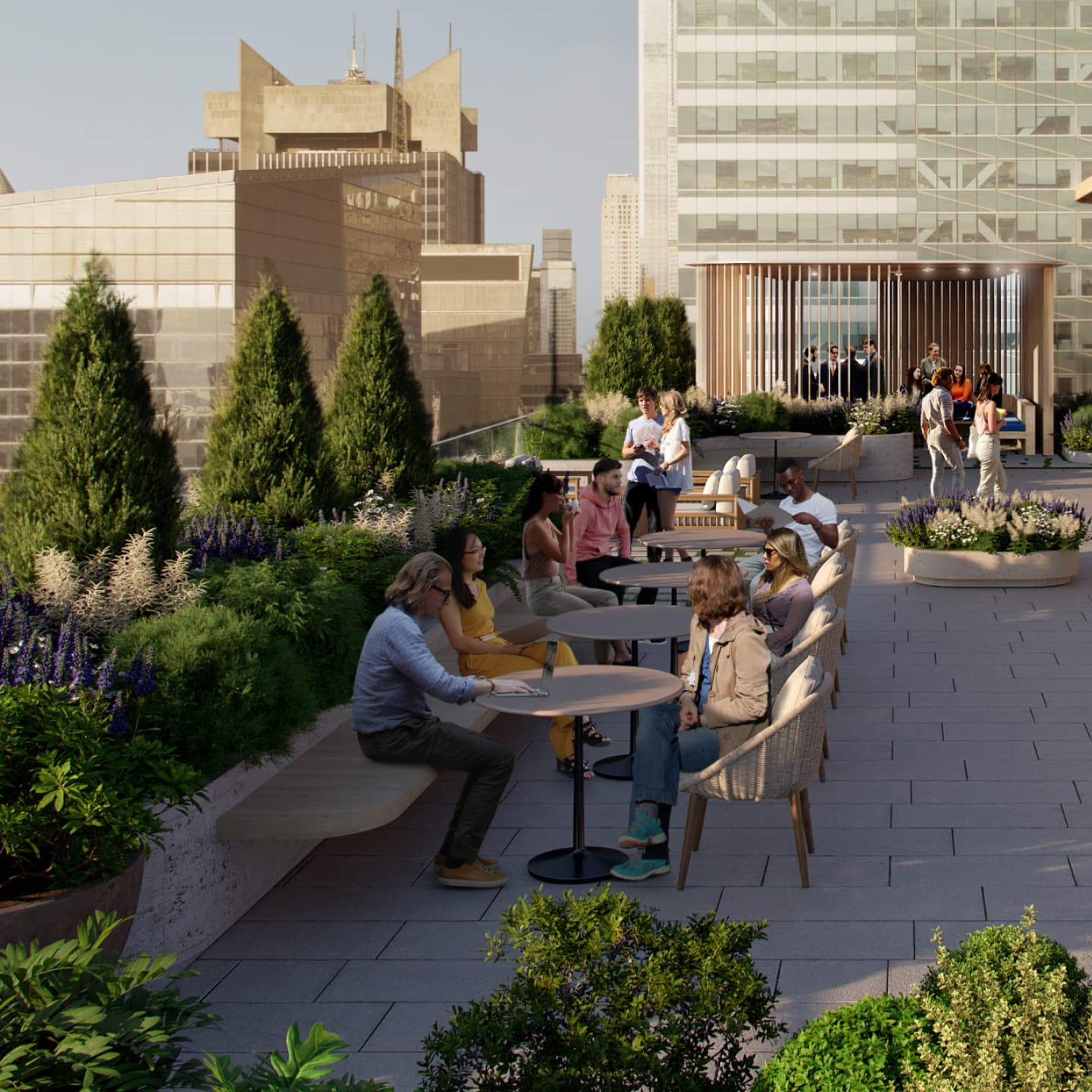 1411 Broadway rendering of rooftop deck with people gathered enjoying the afternoon